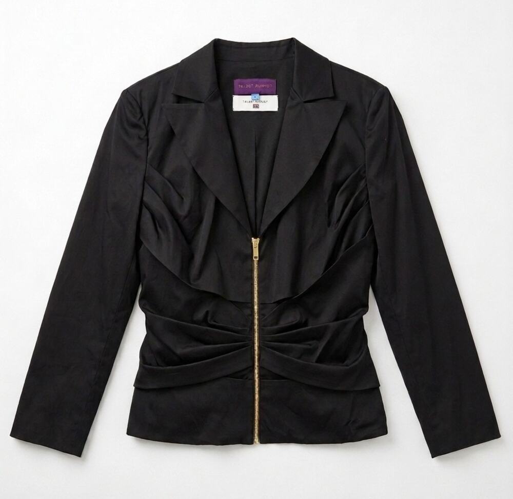 EUC Talbot Runhof Evening Blazer Jacket Ruffle Front Zip Black Sz 10 Silk Blend